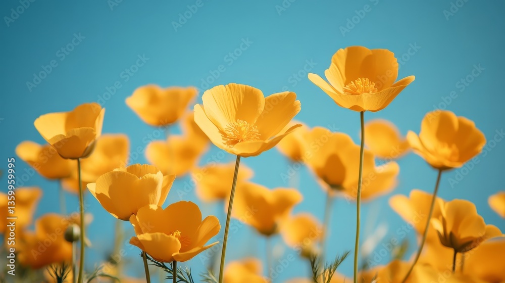 Obraz premium A vibrant field of yellow buttercups under a clear blue sky, showcasing their delicate petals and green stems