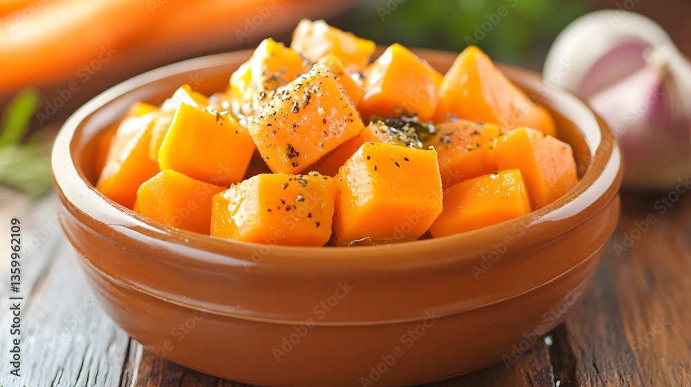 Delicious Roasted Carrot Cubes in Bowl, Seasoned with Herbs and Spices Delicious Roasted Carrot Cubes in Bowl, Seasoned with Herbs and Spices