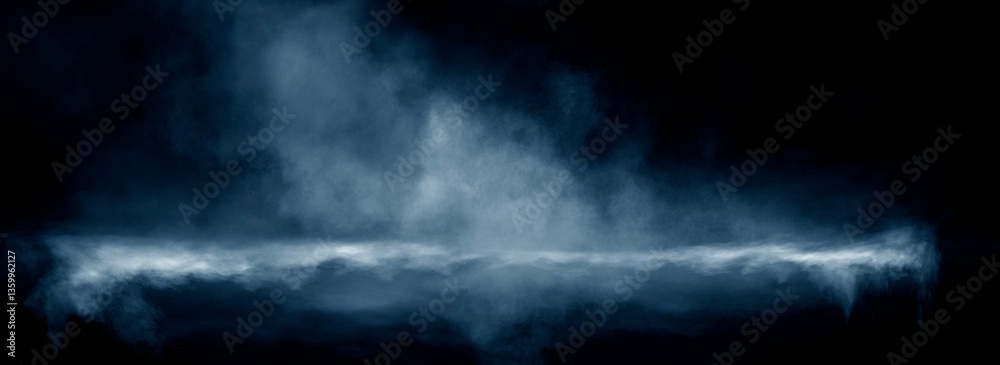 Fototapeta premium Night water with fog, magical glow of neon light above the water surface, night scene.