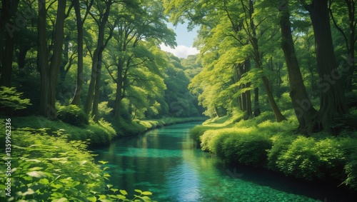 Among the foliage lies a woodland river. River landscape.