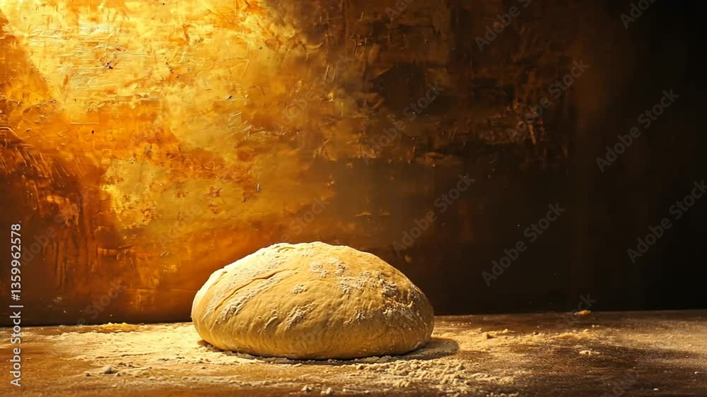 A round, golden-brown ball of dough on a floured surface with dramatic lighting. A round, golden-brown ball of dough on a floured surface with dramatic lighting.