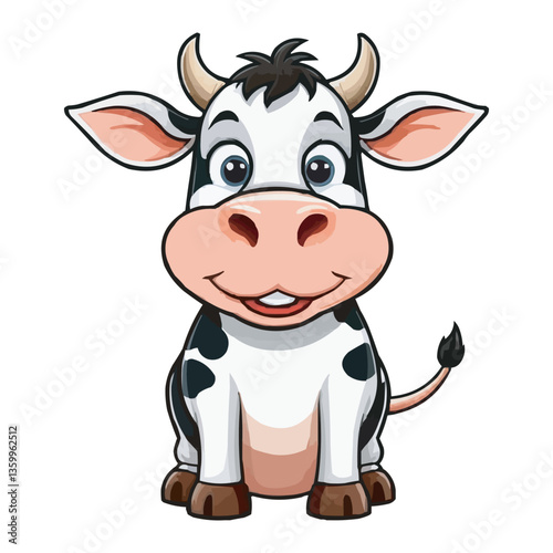 Cute Cartoon Cow with Black and White Spots on White Background. Adorable Cartoon Cow Illustration Kawaii Cow Drawing. Adorable Cartoon Cow Artwork. Cute Farm Animal Design