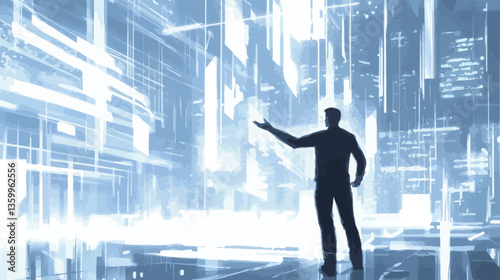 The image depicts a silhouette of a man standing in front of a bright, abstract cityscape composed of lines and glowing blue hues. The cityscape appears holographic or digitally projected, with a