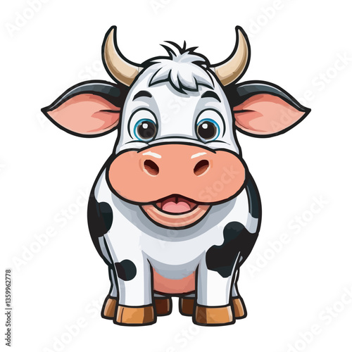 Cute Cartoon Cow with Black and White Spots on White Background. Adorable Cartoon Cow Illustration Kawaii Cow Drawing. Adorable Cartoon Cow Artwork. Cute Farm Animal Design