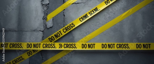 Yellow police line - do not cross on concrete wall backdrop with empty space. Crime scene dark banner for true crime narratives or investigations.