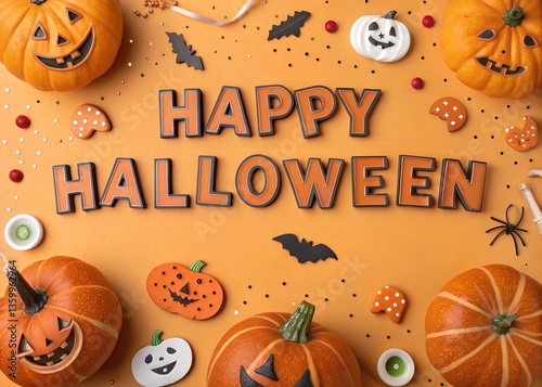 Happy Halloween Text with pumpkins at night. Happy Halloween with pumpkins. Happy Halloween Text With Orange Pumpkins.