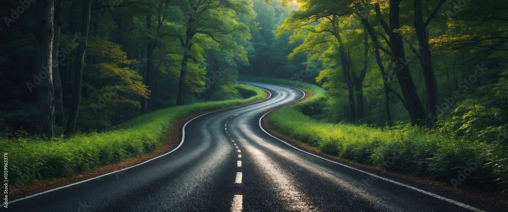Asphalt road winding through the forest diverges into two distinct directions, left and right paths. Crossroads concept, critical decision.