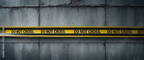 Yellow police tape - do not cross on concrete wall background with space for text. Crime scene dark banner for true crime narratives or investigations.