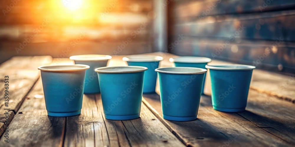 Naklejka premium A row of teal disposable cups sits on a rustic wooden surface, bathed in warm sunlight