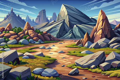 landscape of hot desert hill with rocks and mountains illustration cartoon