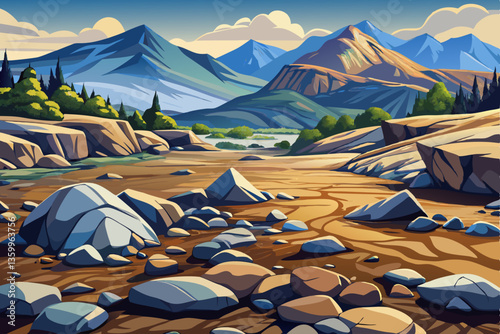 landscape of hot desert hill with rocks and mountains illustration cartoon