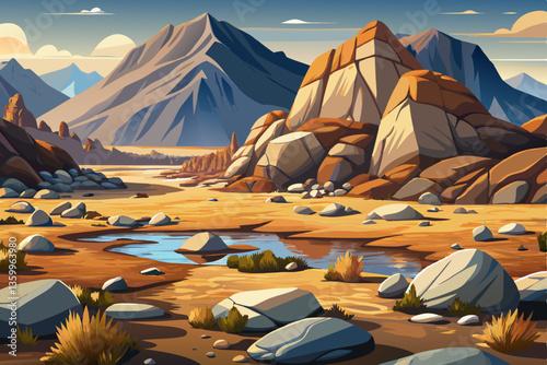landscape of hot desert hill with rocks and mountains illustration cartoon