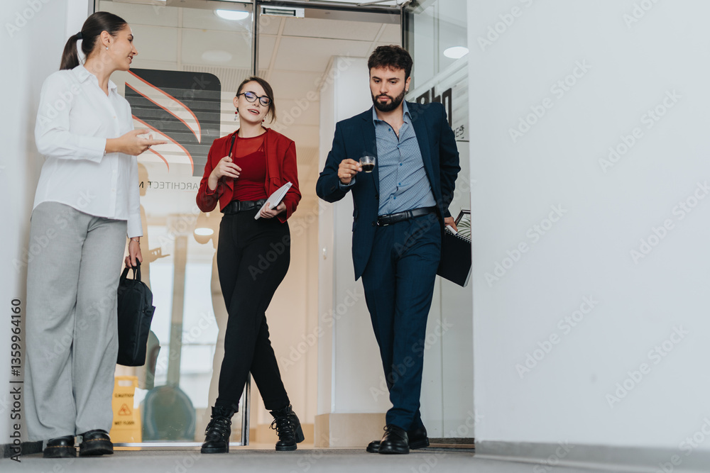Fototapeta premium A group of business people conversing in an office hallway. The atmosphere is collaborative and focused, highlighting teamwork and modern corporate culture. Ideal for business and teamwork concepts.