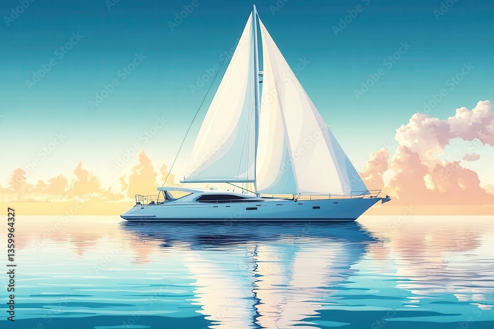 Naklejka premium Sailboat gliding through tranquil waters with a relaxing sunset backdrop reflecting an artistic vision of freedom and adventure