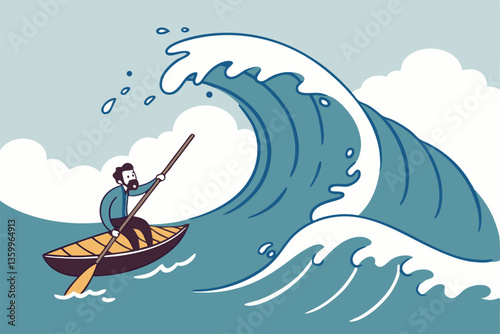 Escape from business crisis, recession or risk, adversity or challenge to survive danger, uncertainty or vulnerability, run away from trapped, hopeless concept, businessman escape from danger wave.