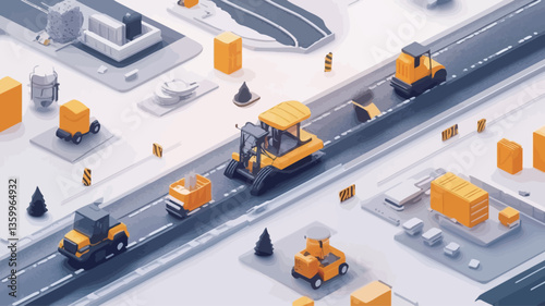 The image is a digitally created isometric illustration depicting a stylized representation of a logistics and transportation network.  The scene is rendered in a low-poly, minimalist style with a