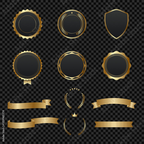 Elegant black and gold badges with red ribbons for premium branding and awards. Seals for certificates, product labels and exclusive promotions. Set of high quality vector designs