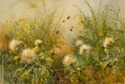 A soft and elegant floral background with muted golden hues and delicate blooming flowers, creating a dreamy and vintage aesthetic. Ideal for wedding invitations, wallpapers, and artistic decor.