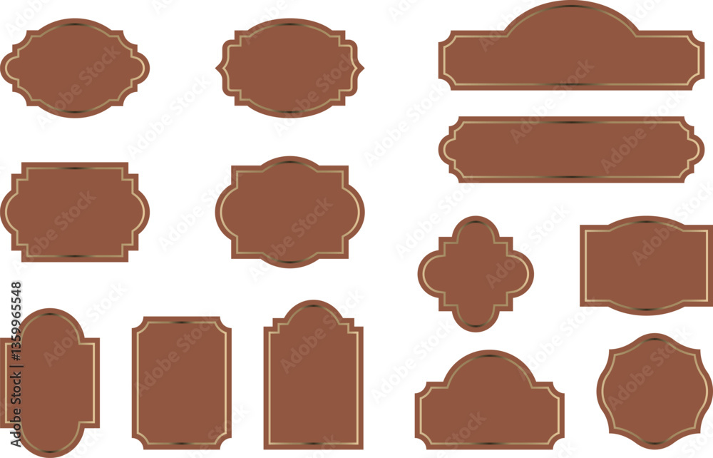 Classic vintage brown labels with gold decorative border and blank space. Ornate design for handmade and rustic products, traditional and crafted branding. Vector illustration collection
