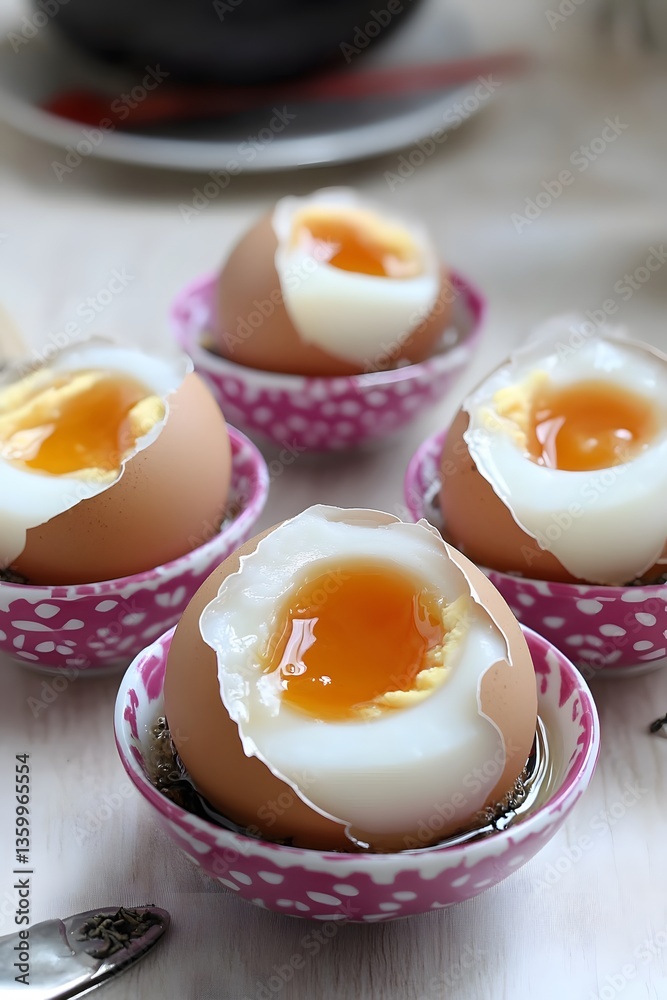 Delicious Soft Boiled Eggs in Small Bowls, Closeup Food Photography Delicious Soft Boiled Eggs in Small Bowls, Closeup Food Photography