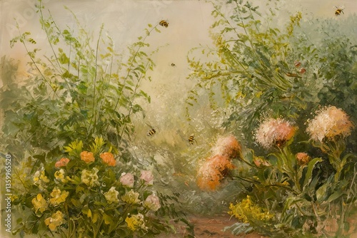 A soft and elegant floral background with muted golden hues and delicate blooming flowers, creating a dreamy and vintage aesthetic. Ideal for wedding invitations, wallpapers, and artistic decor.