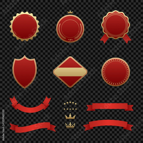 Elegant red and gold badges with red ribbons for premium branding and awards. Seals for certificates, product labels and exclusive promotions. Set of high quality vector designs