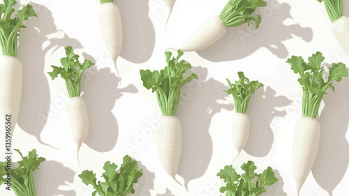 The image shows a repeating pattern of white radishes arranged on a white background.  Each radish is presented whole with its green leafy top intact.  The radishes are evenly spaced, and their