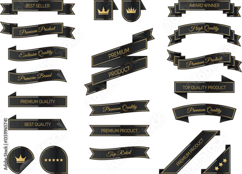 Set of stylish and luxury black and gold ribbons and banners. Includes Premium Product labels, Exclusive Quality badges and Best Seller ribbons. Isolated vector illustration designs