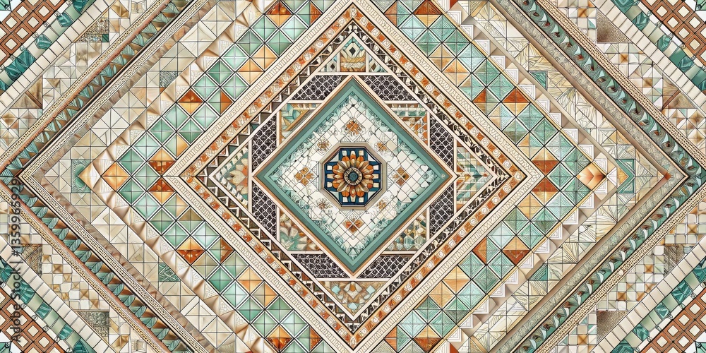 Intricate Geometric Pattern Featuring Symmetrical Tiles in Earthy Tones and Teal Accents Intricate Geometric Pattern Featuring Symmetrical Tiles in Earthy Tones and Teal Accents