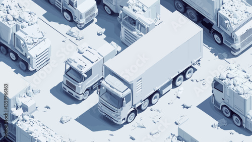 The image presents a high-angle, isometric view of numerous white trucks arranged in a grid-like traffic jam.  The trucks are depicted in a minimalist, monochrome style, lacking significant detail