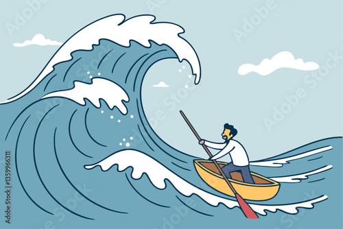 Escape from business crisis, recession or risk, adversity or challenge to survive danger, uncertainty or vulnerability, run away from trapped, hopeless concept, businessman escape from danger wave.
