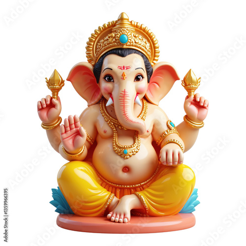 Close-Up of Ganesha Statue meditating with Lotus Flowers