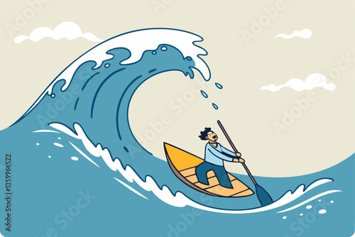 Escape from business crisis, recession or risk, adversity or challenge to survive danger, uncertainty or vulnerability, run away from trapped, hopeless concept, businessman escape from danger wave.