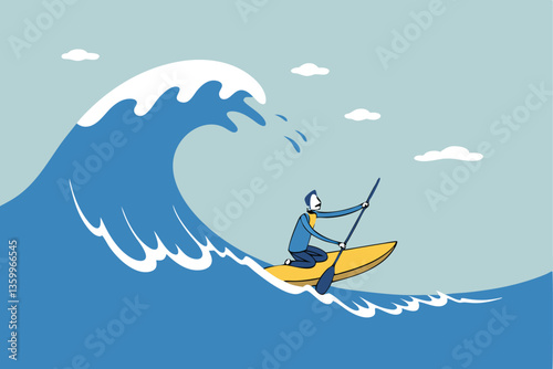 Escape from business crisis, recession or risk, adversity or challenge to survive danger, uncertainty or vulnerability, run away from trapped, hopeless concept, businessman escape from danger wave.