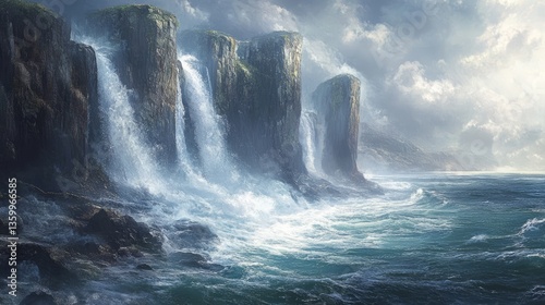 Underwater Ocean Massive View Cliffs Mist Waves Into