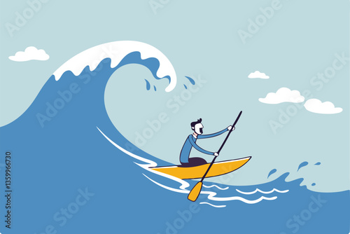 Escape from business crisis, recession or risk, adversity or challenge to survive danger, uncertainty or vulnerability, run away from trapped, hopeless concept, businessman escape from danger wave.