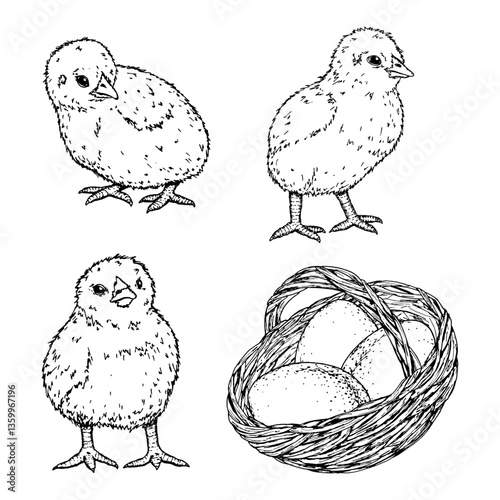 Hand drawn black and white illustration of three baby chicks and a wicker basket with eggs. Set for Easter themes, spring celebrations, farming concepts, children s materials and packaging