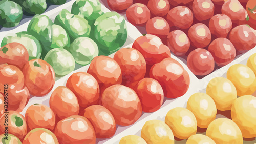 The image shows a flat-lay, close-up view of various tomatoes and lemons arranged in rows on white surfaces.  The tomatoes range in color from green to red, suggesting different stages of ripeness.