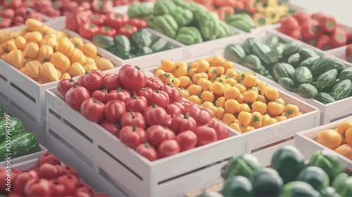 High-angle, close-up view of numerous white wooden crates filled with a variety of colorful fresh produce.  The crates are arranged in a grid pattern. The produce includes red tomatoes, yellow and