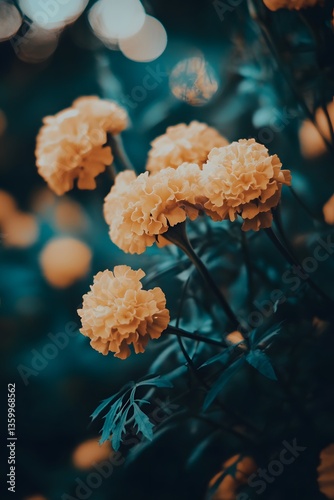 Closeup of Yellow Marigolds in Teal Garden