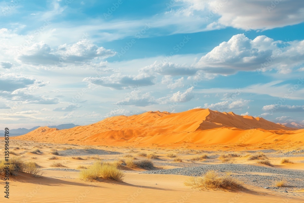 Fototapeta premium Expansive desert landscape showcasing vibrant orange dunes under a vast blue sky