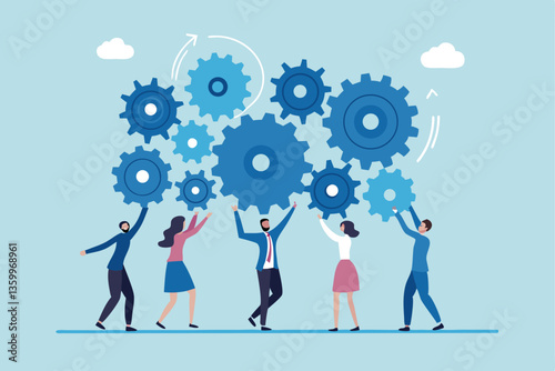 Employee engagement, teamwork collaboration or team strategy working together, partnership, community to help organization success concept, businessman colleagues help connect cogwheel gear together.