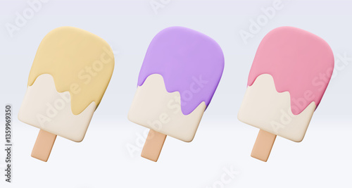 Set Ice cream with chokolate glaze, icon, 3d render. Design elements. Realistic fast food icon. Sweet food. Vector illustration isolated on white for menu, shop, flyer, banner, web, adv, sale