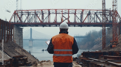 Civil Engineer with Clipboard Overseeing Construction Site Near Steel Bridge