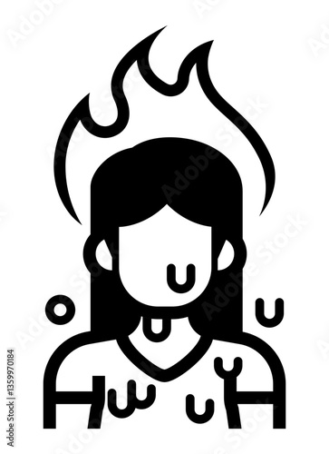 Woman sweating with flames above her head representing heat discomfort or spicy reaction.
