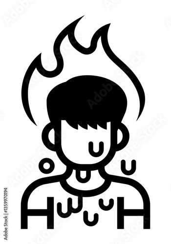 Man sweating with flames above his head representing heat discomfort or spicy food reaction.