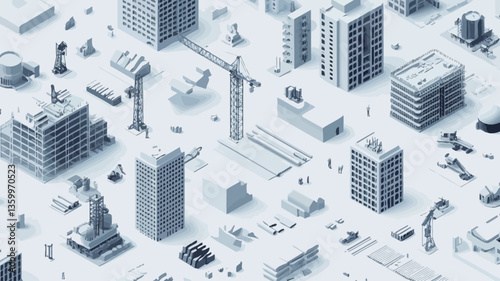 The image is a digital illustration depicting an isometric view of a city.  The cityscape is rendered in shades of grey and white, creating a monochrome effect. Numerous buildings of varying