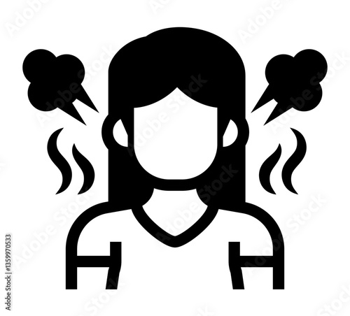 Woman with steam and heat waves symbolizing overheating anger or spicy food effects.