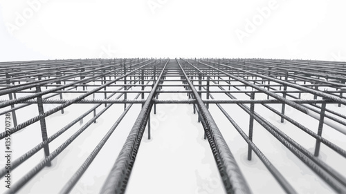 The image is a monochrome, low-angle, full shot of a large steel reinforcement mesh grid.  The grid is composed of parallel horizontal and vertical bars, creating a repeating pattern. The