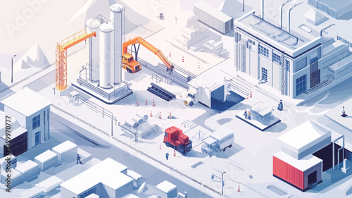 A digital illustration depicting an isometric view of a city under construction. The image features various buildings in a low-poly style, construction machinery including a crane and excavator,